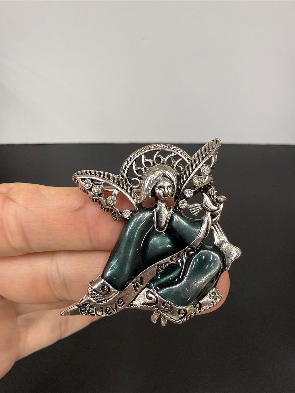 Silver-Tone Green Angel Brooch - Believe Script